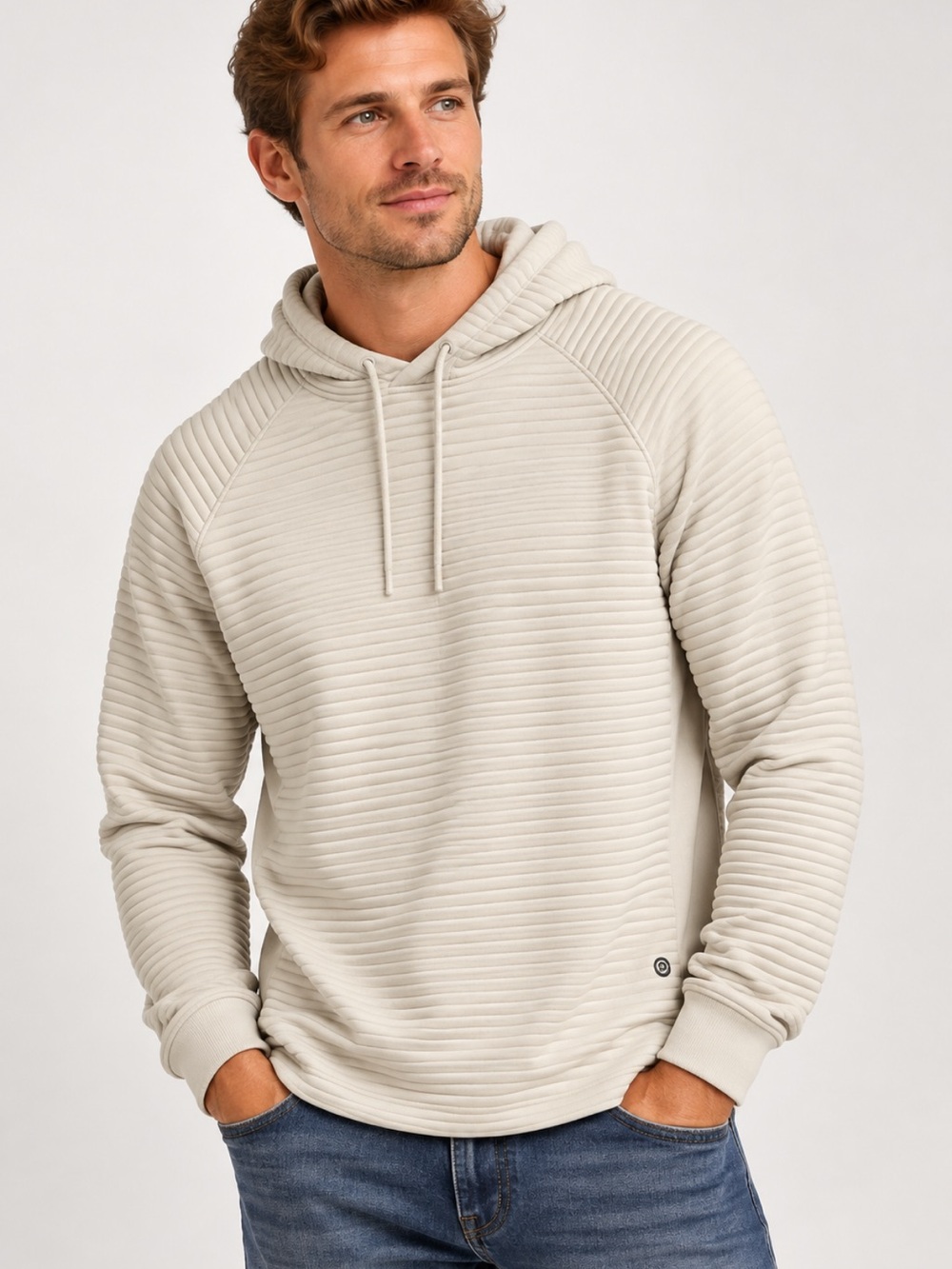 Apana Men’s L Ivory Cream Ottoman Ribbed Textured Pullover Hoodie RN 70892